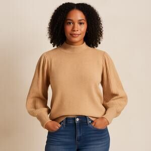 All In Favor Women’s Size L Tan Beige Puff Sleeve Knit Sweater Pullover NWT